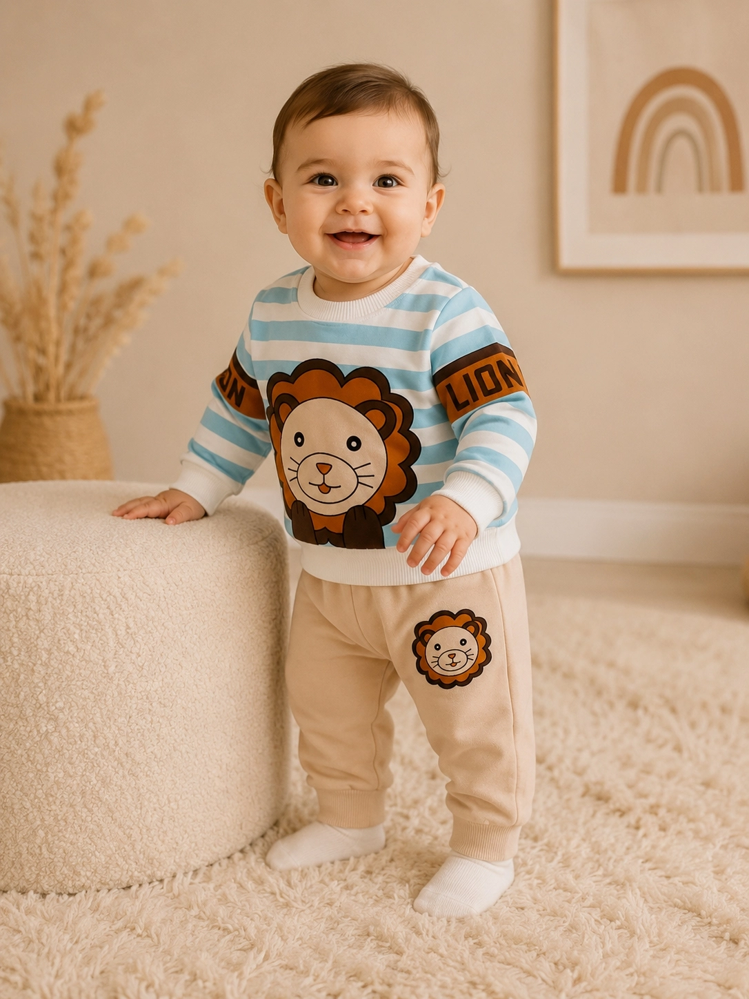 Zeo Kids Aslan Baskılı Erkek Bebek Alt Üst Takım – Çizgili