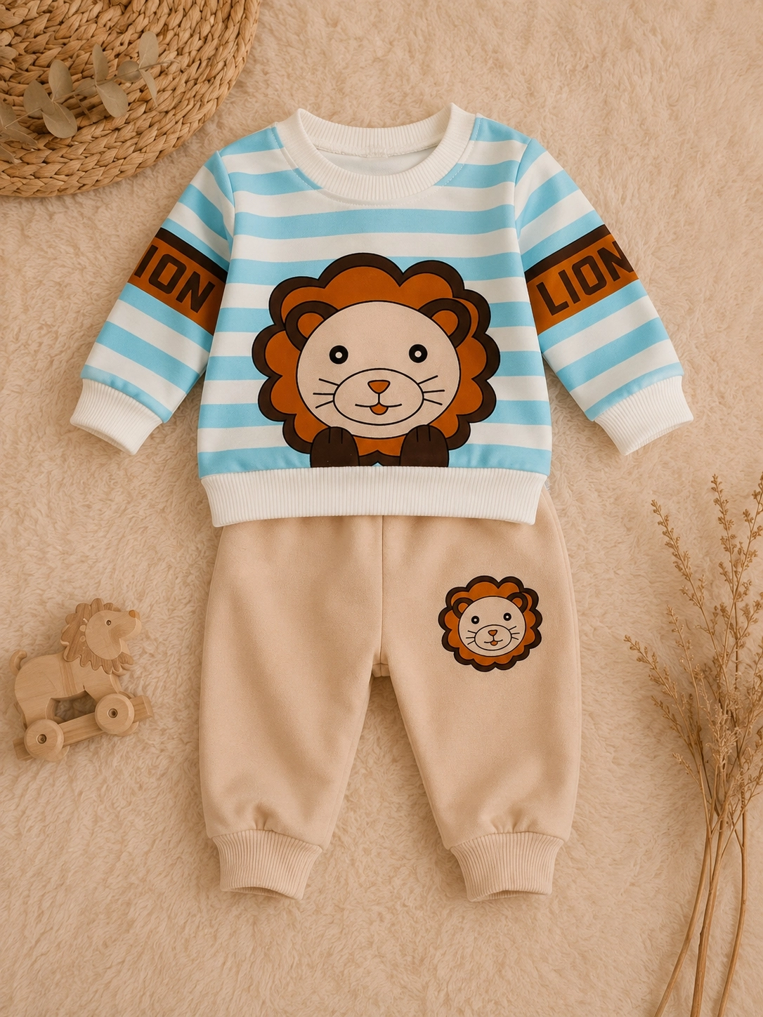 Zeo Kids Aslan Baskılı Erkek Bebek Alt Üst Takım – Çizgili