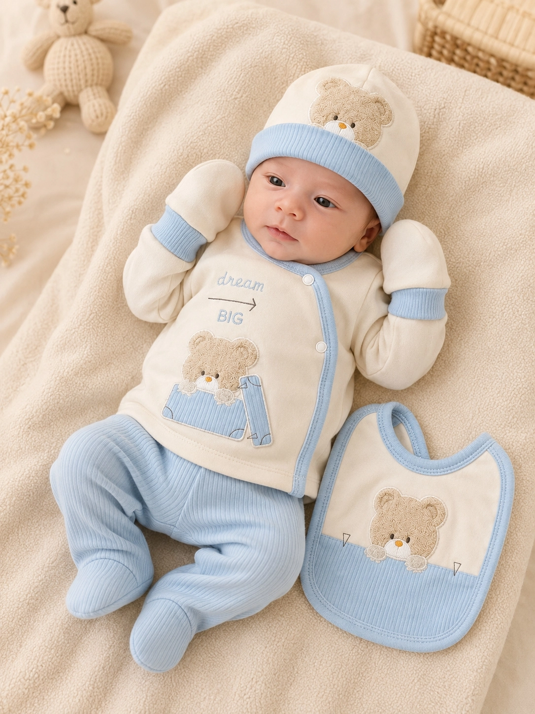 Tonton Baby Mavi Ayıcık İşlemeli 5’li Yenidoğan Hastane Çıkış Seti