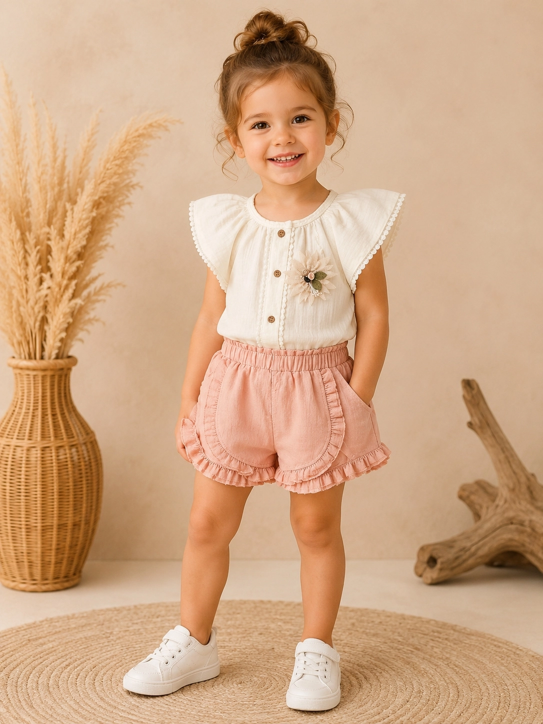 Mini Baray 9-24 Ay Önü Çi̇çekli̇ Kız Bebek Şortlu Takım pudra