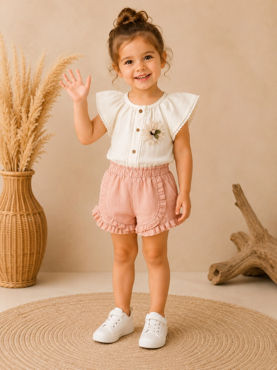 Mini Baray 9-24 Ay Önü Çi̇çekli̇ Kız Bebek Şortlu Takım pudra