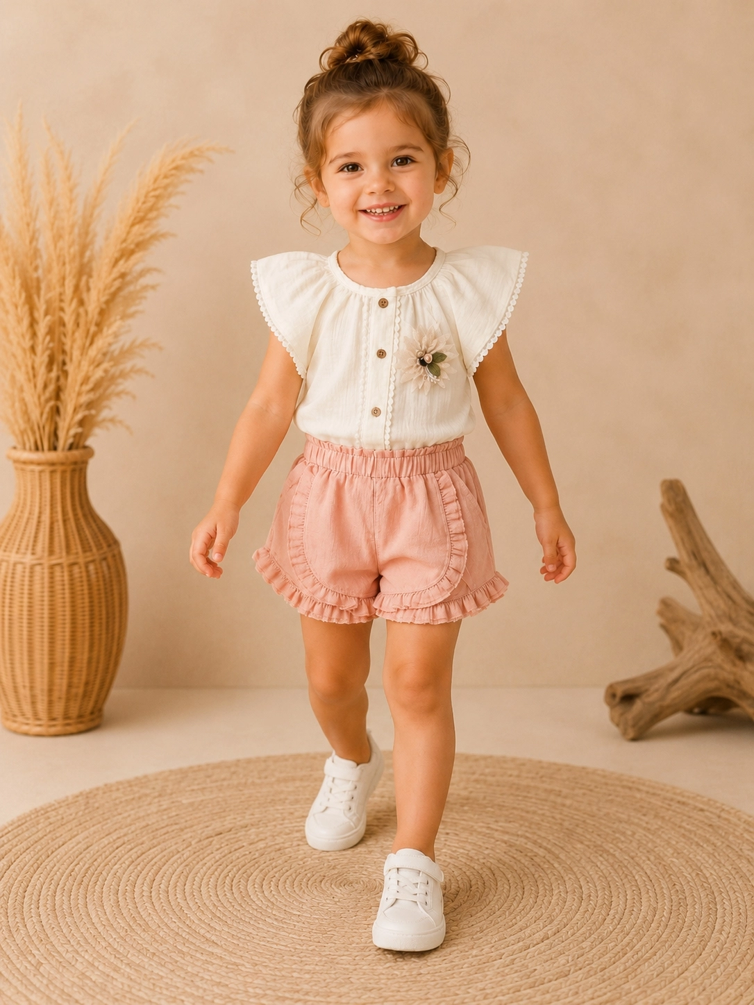 Mini Baray 9-24 Ay Önü Çi̇çekli̇ Kız Bebek Şortlu Takım pudra