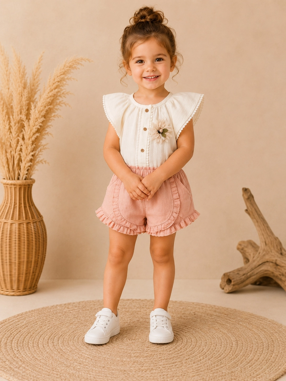 Mini Baray 9-24 Ay Önü Çi̇çekli̇ Kız Bebek Şortlu Takım pudra