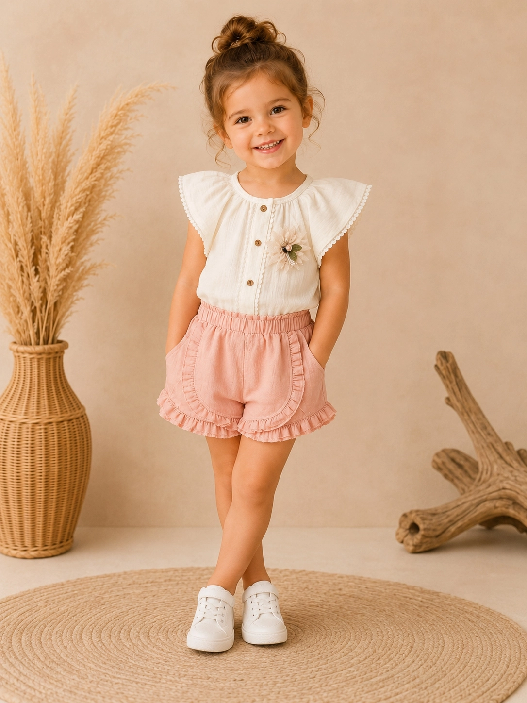 Mini Baray 9-24 Ay Önü Çi̇çekli̇ Kız Bebek Şortlu Takım pudra