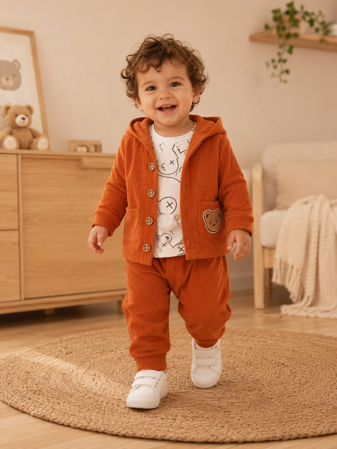 Kapüşonlu Hırkalı Erkek Bebek 3’lü Takım