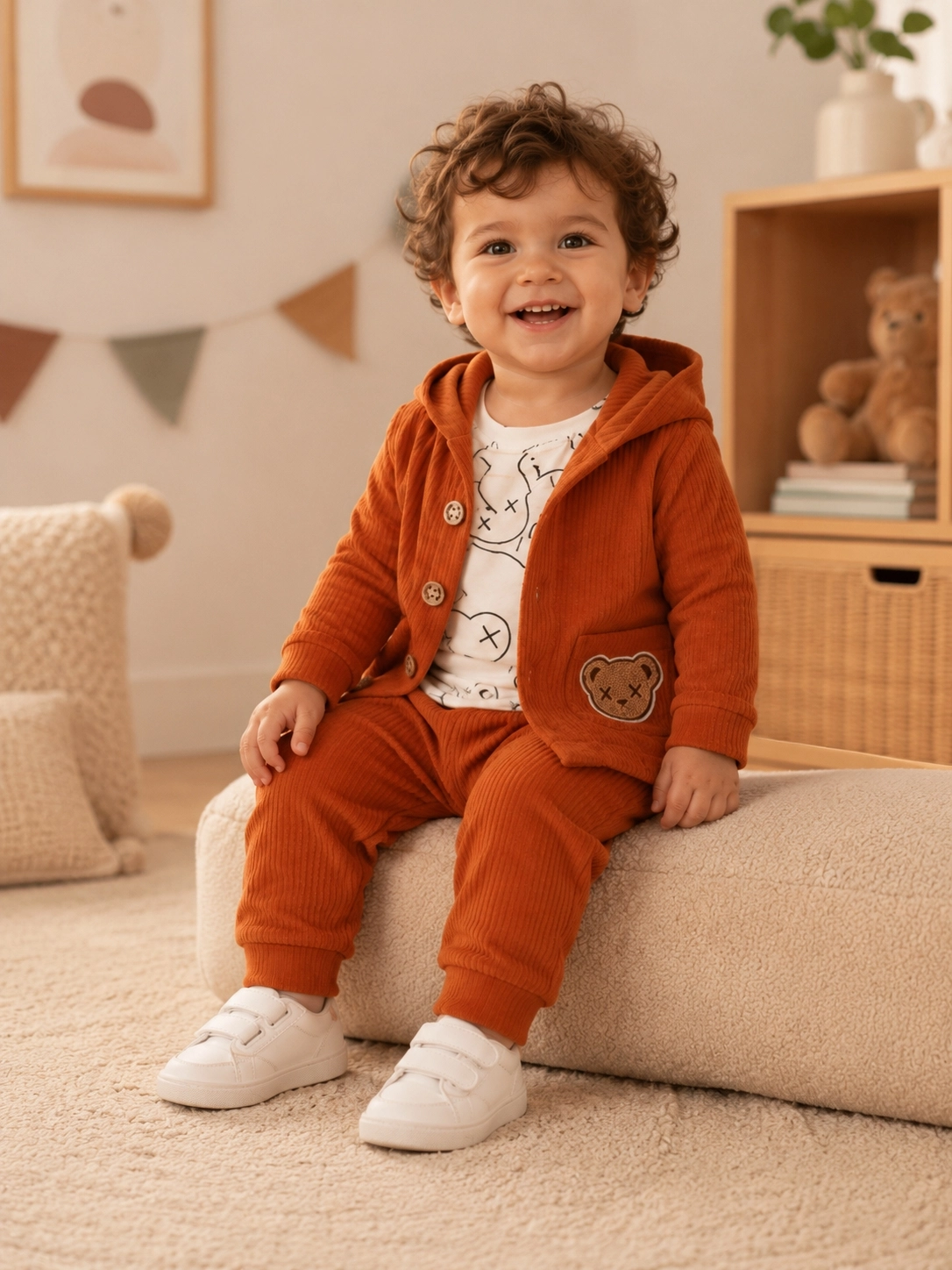 Kapüşonlu Hırkalı Erkek Bebek 3’lü Takım