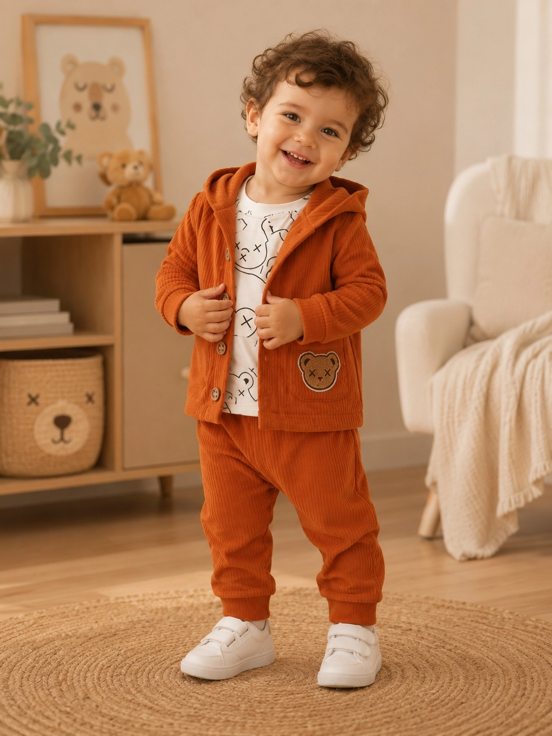 Kapüşonlu Hırkalı Erkek Bebek 3’lü Takım
