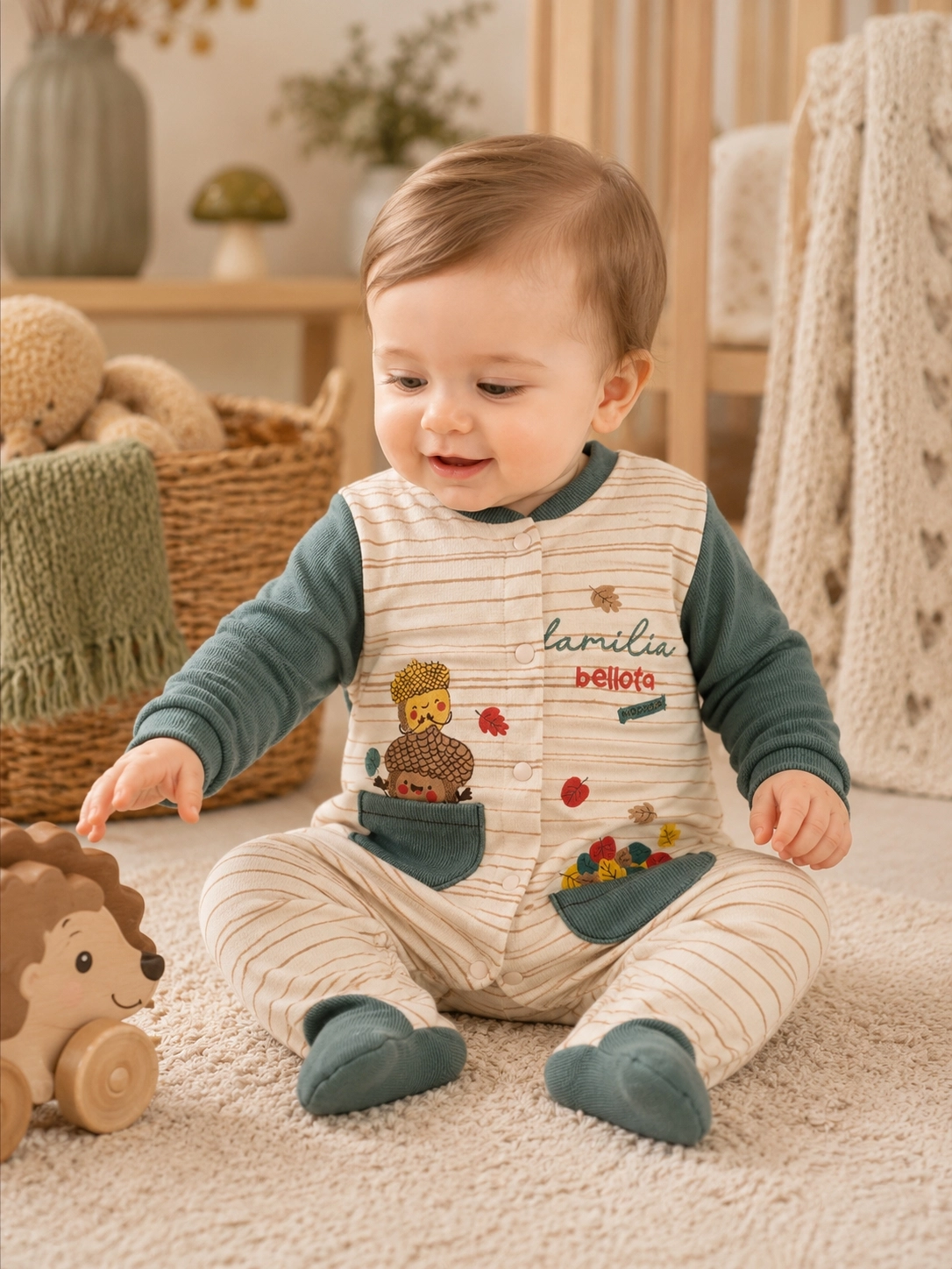 Hoppidik Çizgili Cepli Patikli Bebek Tulumu – Yeşil
