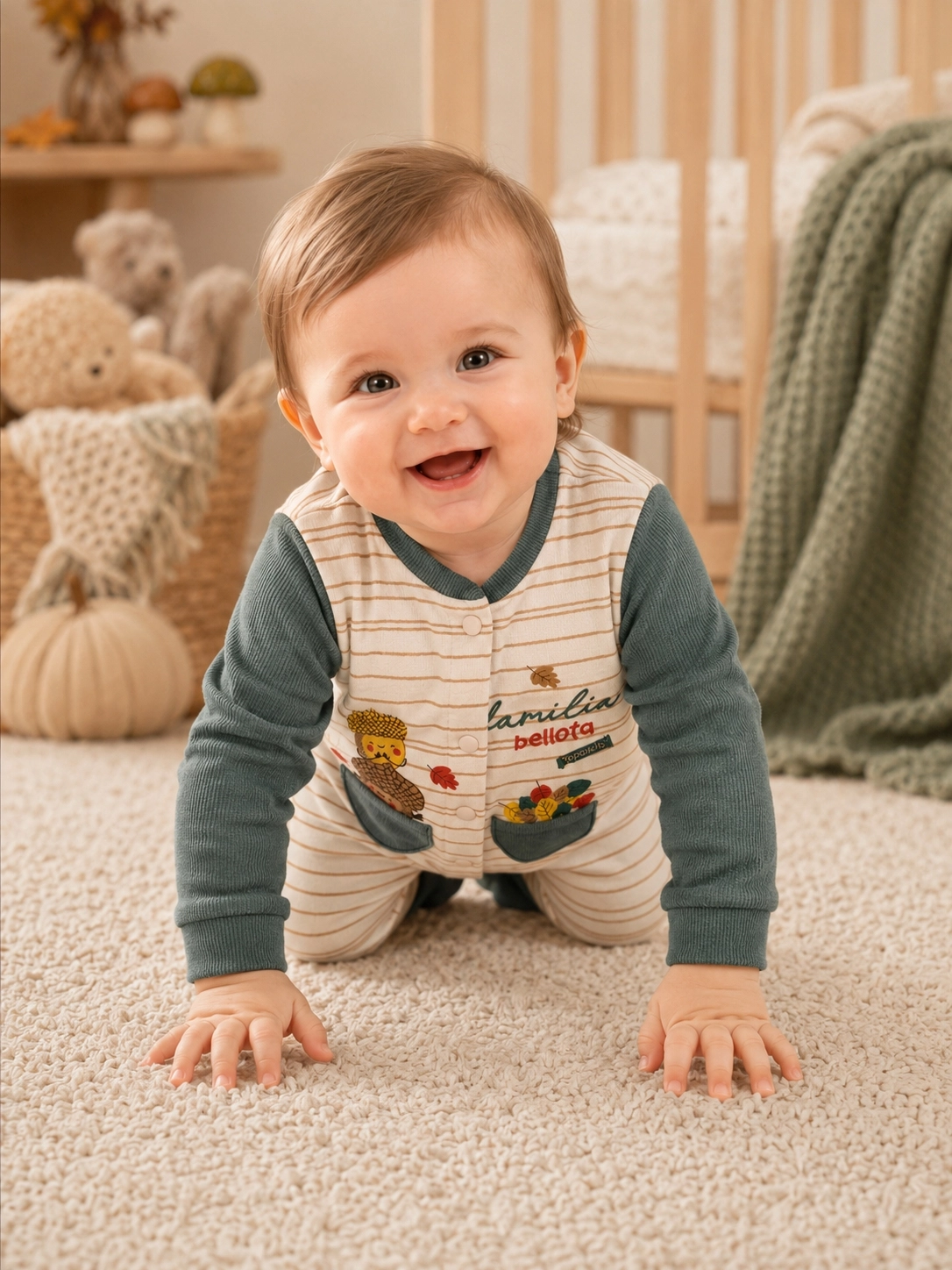 Hoppidik Çizgili Cepli Patikli Bebek Tulumu – Yeşil