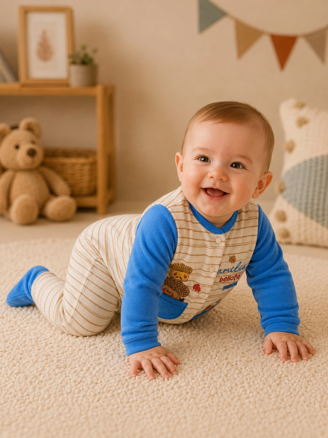 Hoppidik Çizgili Cepli Patikli Bebek Tulumu – Mavi
