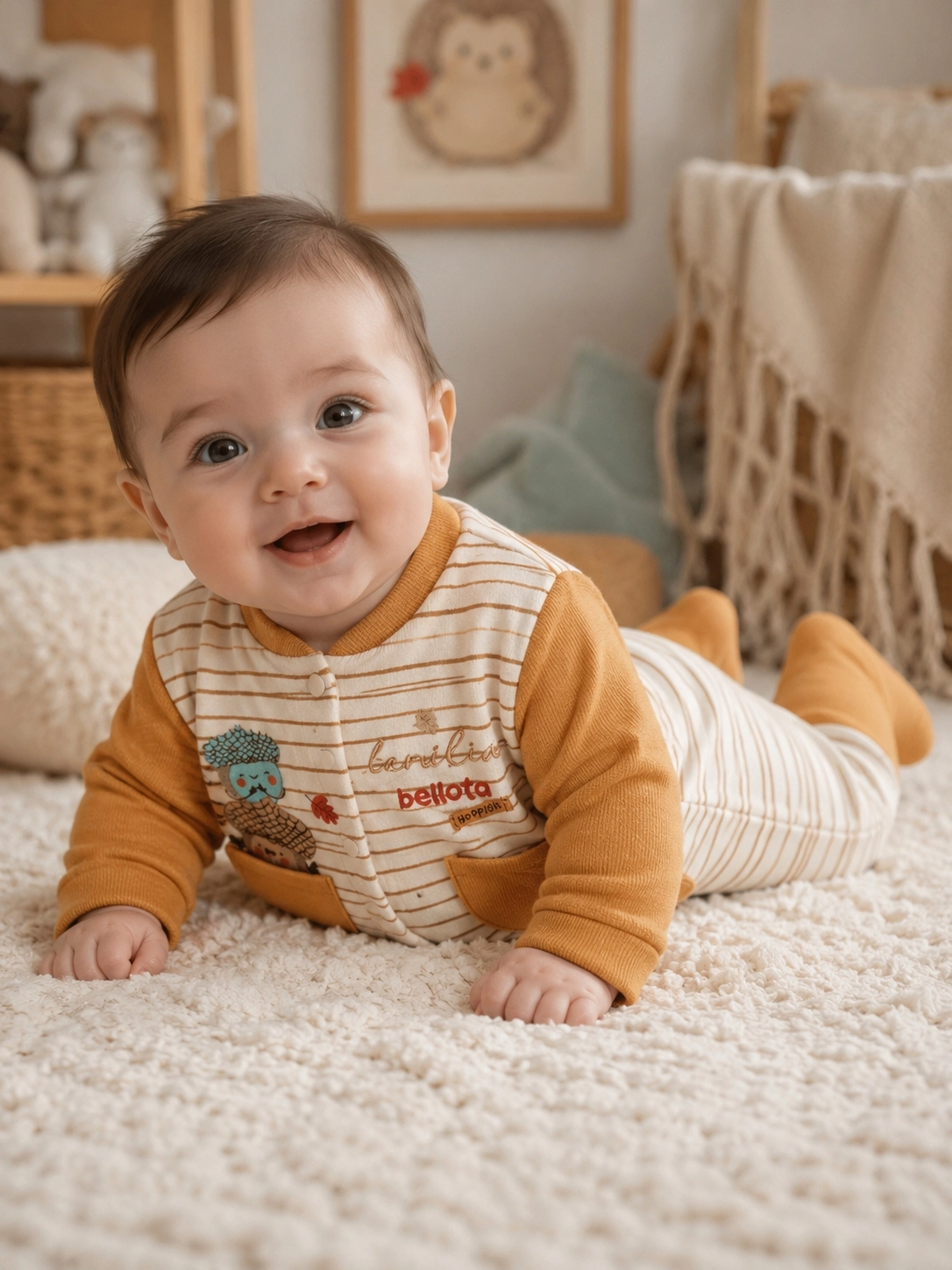 Hoppidik Çizgili Cepli Patikli Bebek Tulumu – Hardal