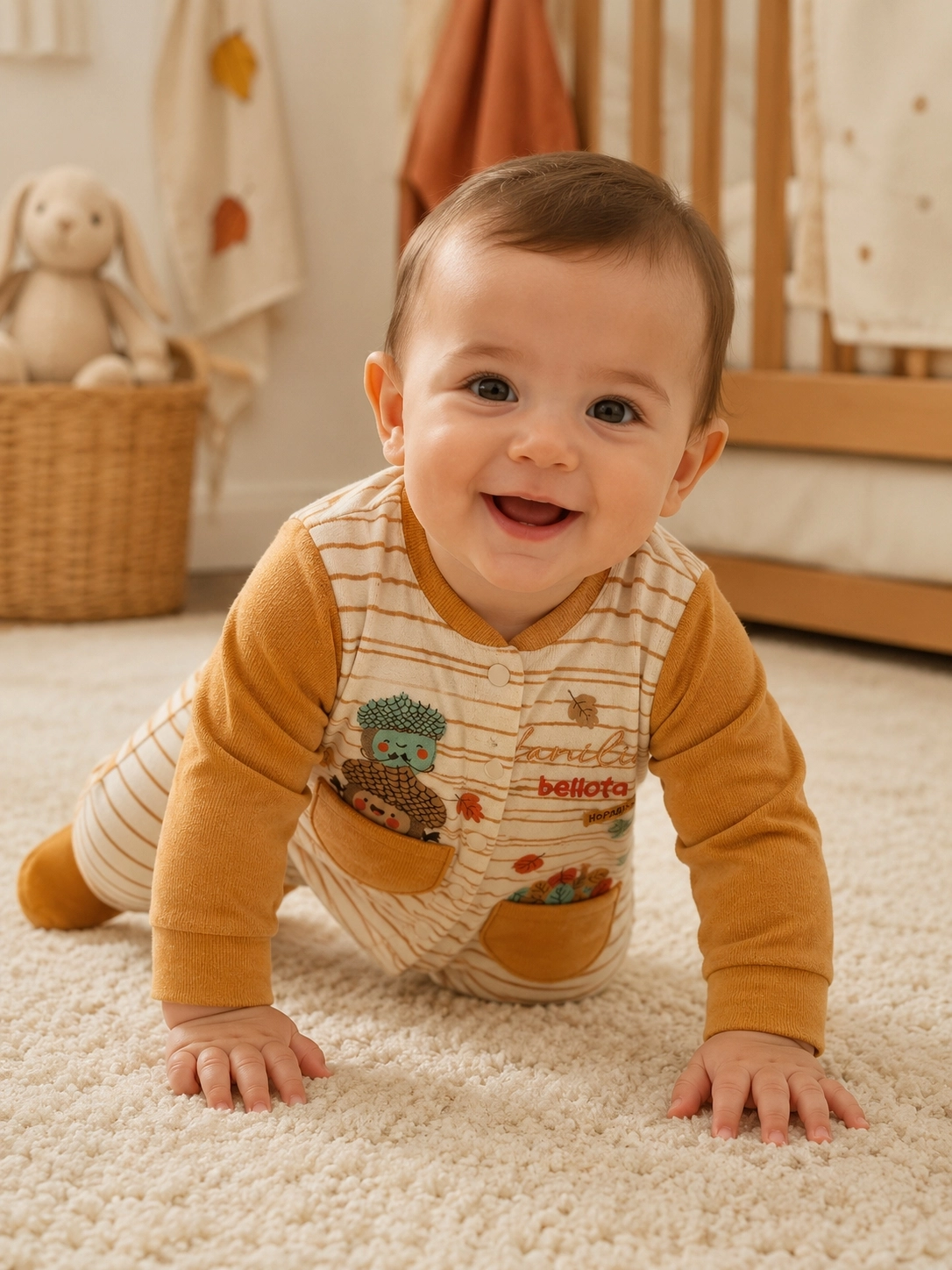 Hoppidik Çizgili Cepli Patikli Bebek Tulumu – Hardal
