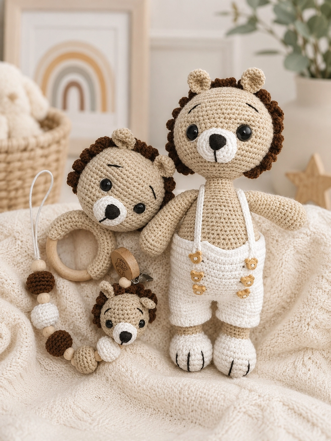 İsimli Amigurumi Aslan Bebek Seti – Kişiye Özel 3’lü Organik Oyuncak