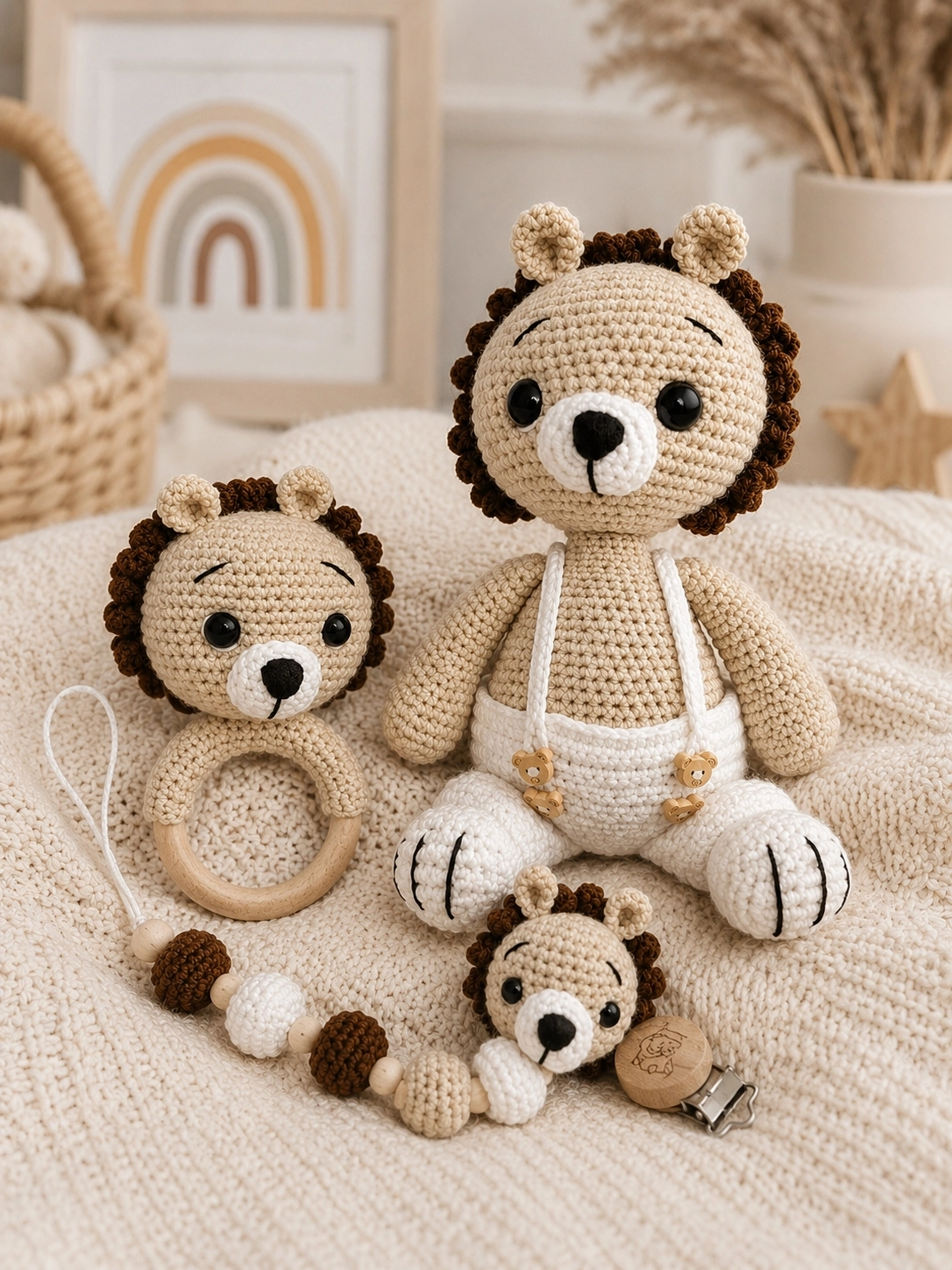 İsimli Amigurumi Aslan Bebek Seti – Kişiye Özel 3’lü Organik Oyuncak
