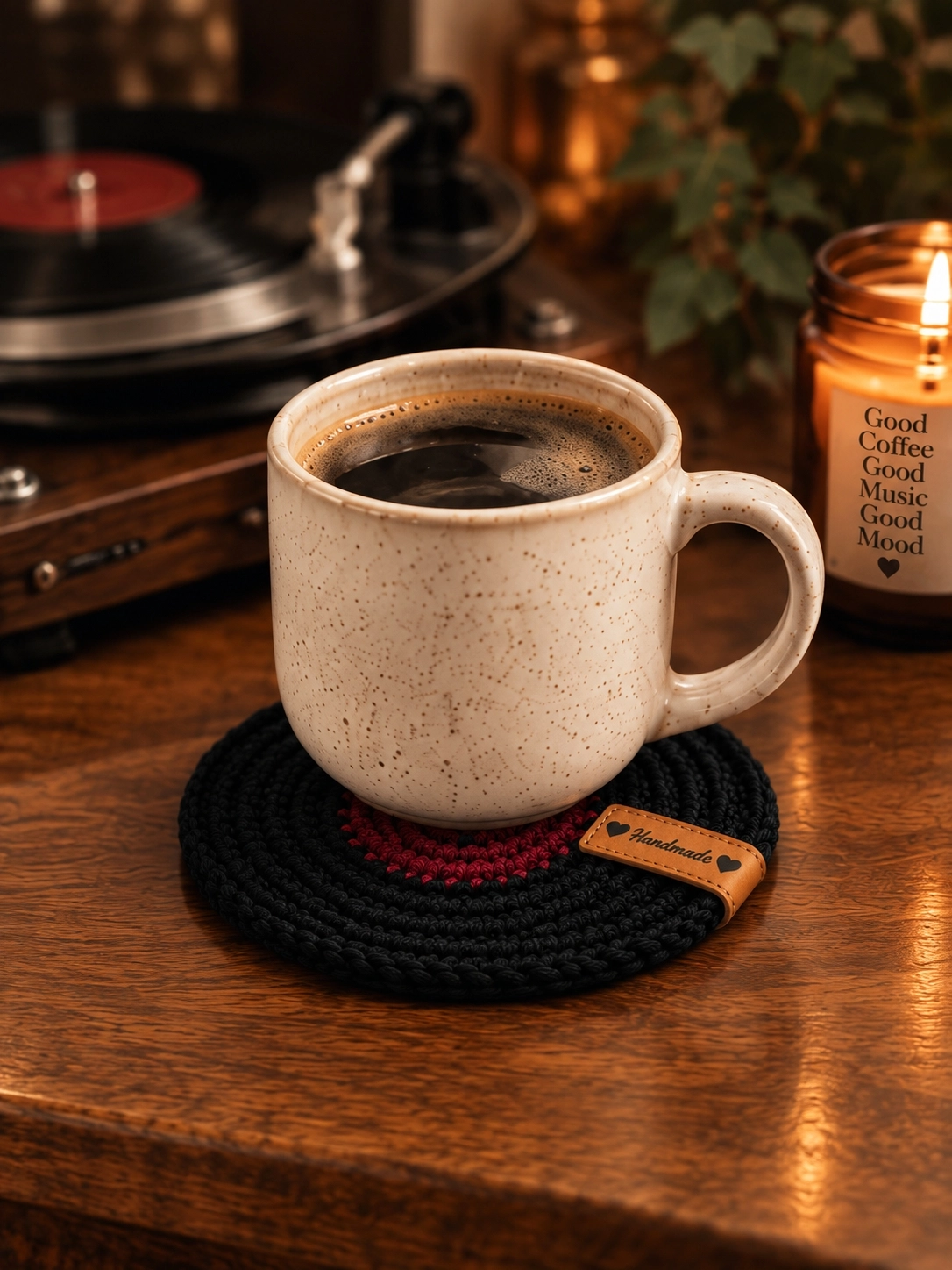Hubush El Yapımı Retro Plak Bardak Altlığı – Örgü Vinyl Plak Tasarım-KİREMİT