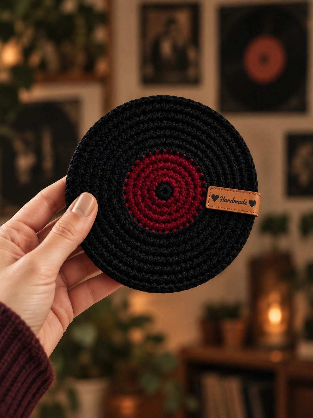 Hubush El Yapımı Retro Plak Bardak Altlığı – Örgü Vinyl Plak Tasarım-KİREMİT