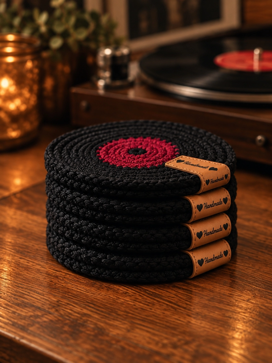 Hubush El Yapımı Retro Plak Bardak Altlığı – Örgü Vinyl Plak Tasarım-KİREMİT