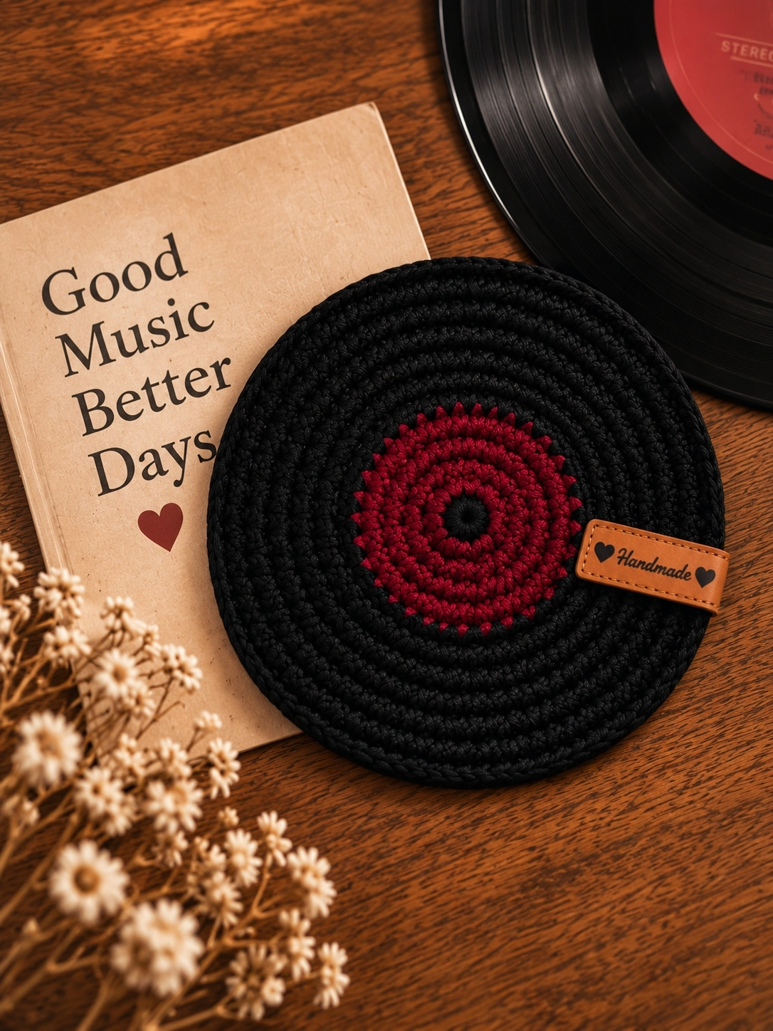 Hubush El Yapımı Retro Plak Bardak Altlığı – Örgü Vinyl Plak Tasarım-KİREMİT
