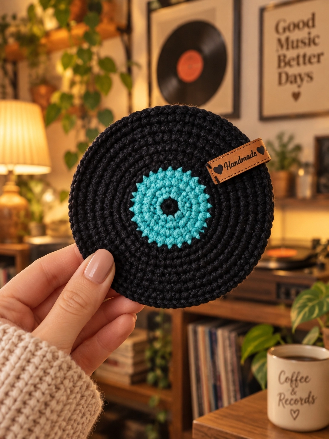 Hubush El Yapımı Retro Plak Bardak Altlığı – Örgü Vinyl Plak Tasarım-TURKUAZ