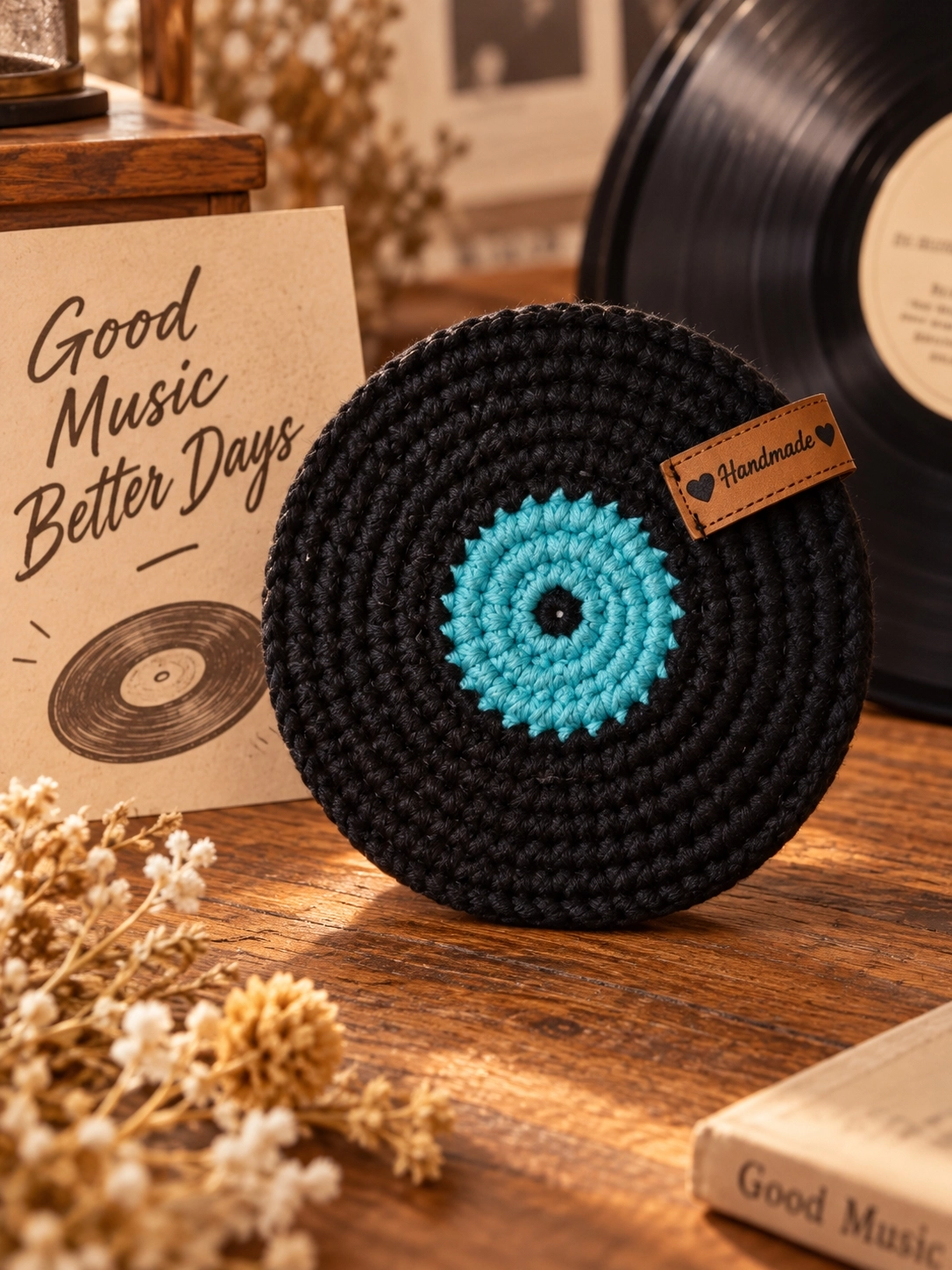 Hubush El Yapımı Retro Plak Bardak Altlığı – Örgü Vinyl Plak Tasarım-TURKUAZ