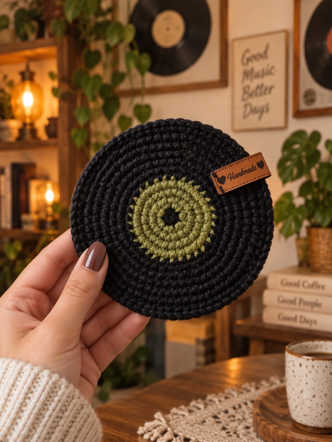 Hubush El Yapımı Retro Plak Bardak Altlığı – Örgü Vinyl Plak Tasarım-YEŞİL