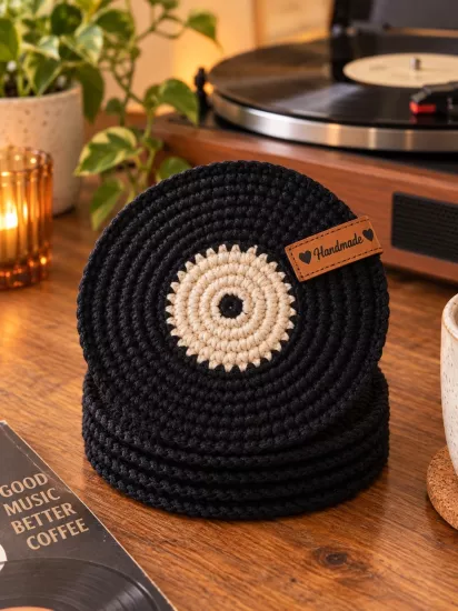 Hubush Retro Plak Örgü Bardak Altlığı El Yapımı