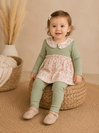 Begisa Floral Yaka Kız Bebek Alt Üst Takım