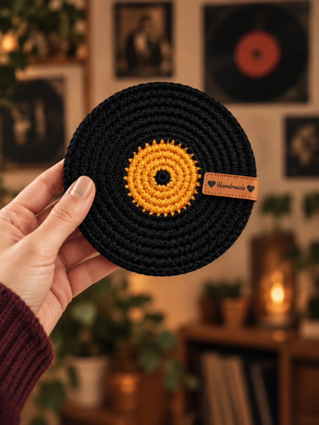 Hubush El Yapımı Retro Plak Bardak Altlığı – Örgü Vinyl Plak Tasarım-TURUNCU